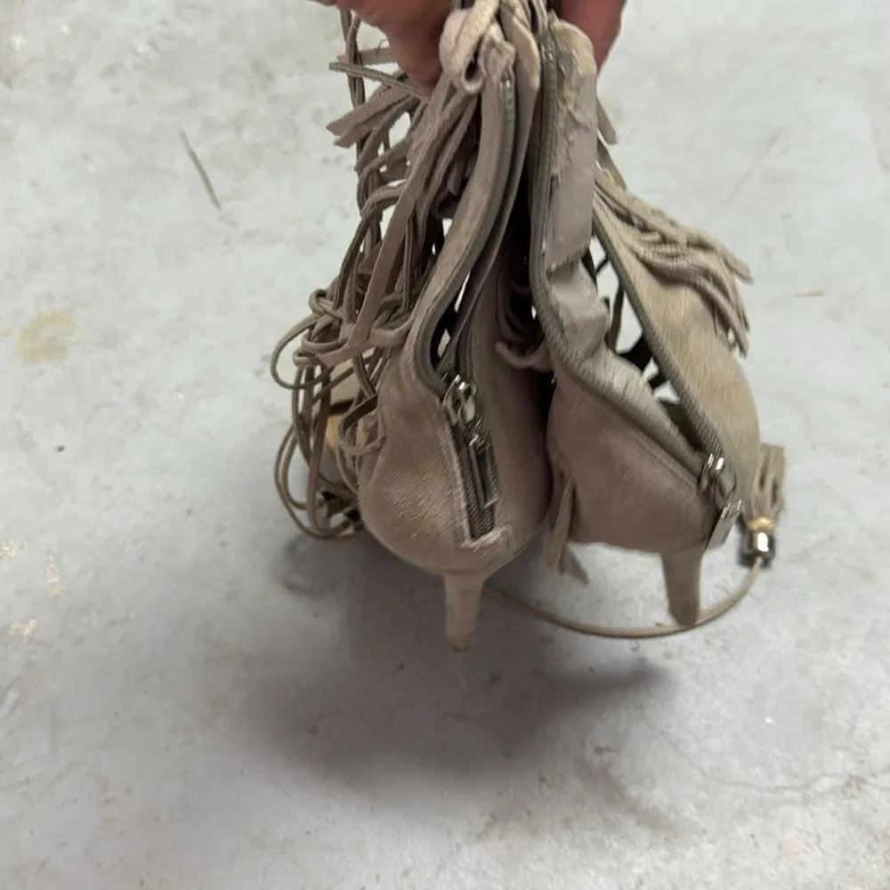 Fringed Tan High Heel Sandals - Schutz Heels - Women's 8.5 Excellent Condition - Picture 3 of 4